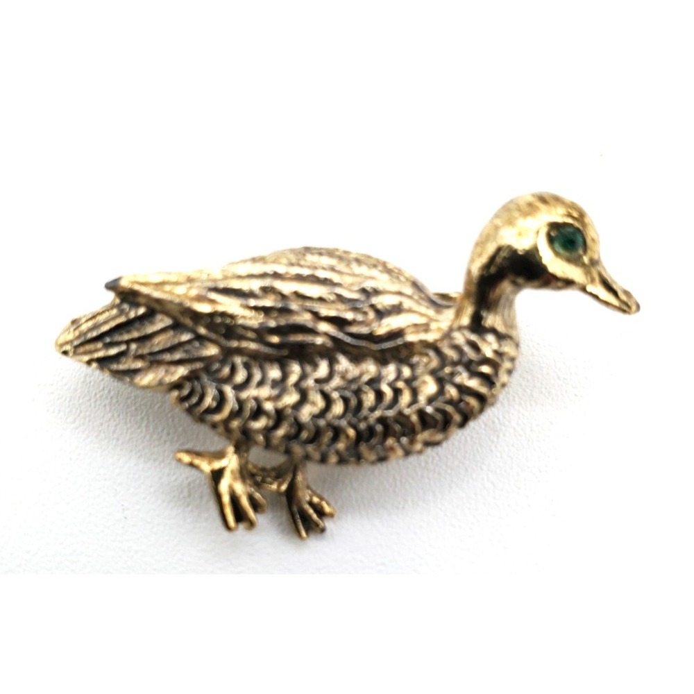 Vintage Green Eyed Duck Bird Brooch Pin Gold Tone